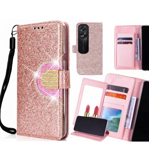 Oppo A38 Case Glaring Wallet Leather Case With Mirror - Pink