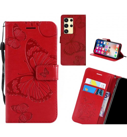 Samsung Galaxy S24 Ultra Case Embossed Butterfly Wallet Leather Case - Red