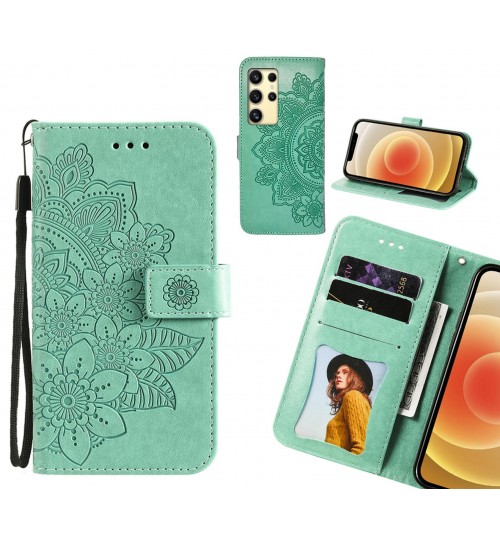 Samsung Galaxy S24 Ultra Case Embossed Floral Leather Wallet Case - Green