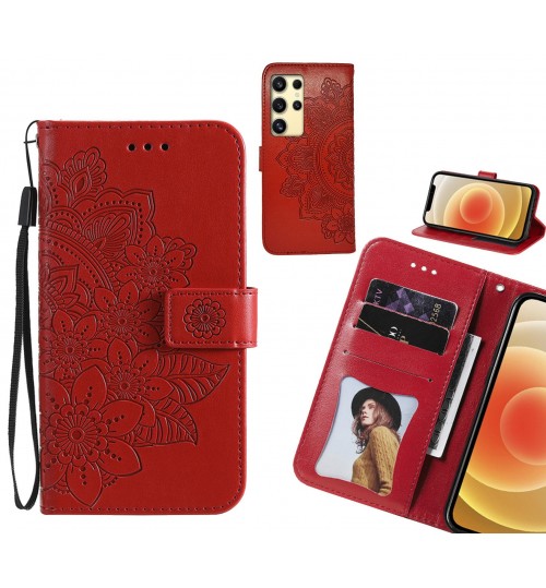 Samsung Galaxy S24 Ultra Case Embossed Floral Leather Wallet Case - Red