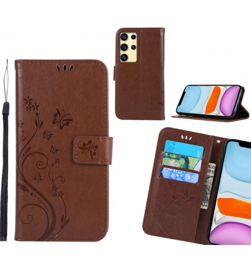 Samsung Galaxy S24 Ultra Case Embossed Butterfly Wallet Leather Cover - Brown