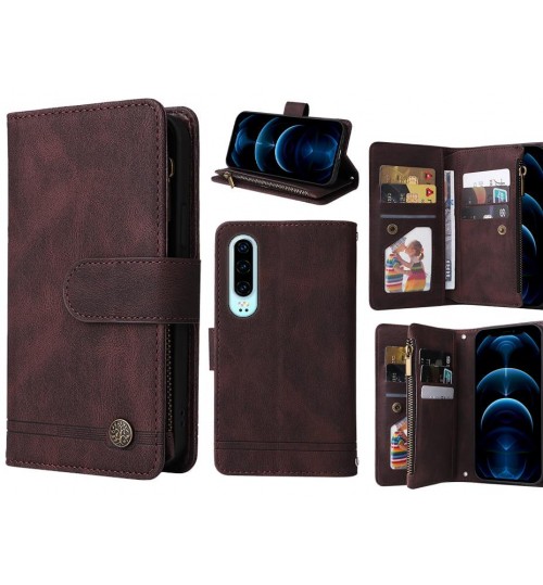 Huawei P30 Case 9 Card Slots Wallet Denim Leather Case - Brown