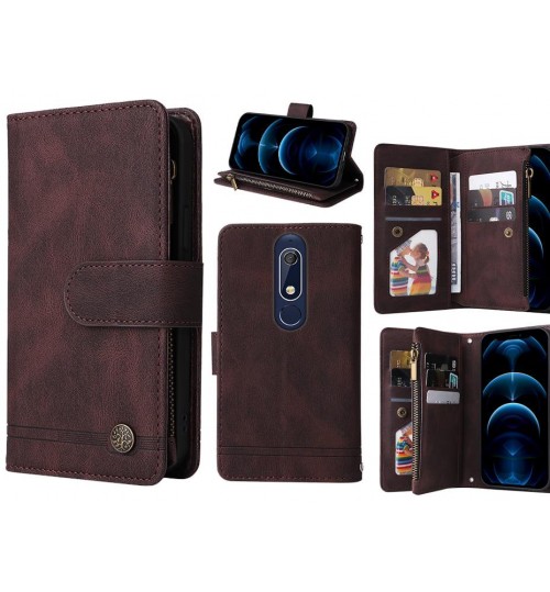Nokia 5.1 Case 9 Card Slots Wallet Denim Leather Case - Brown