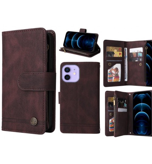 Iphone 12 Case 9 Card Slots Wallet Denim Leather Case - Brown