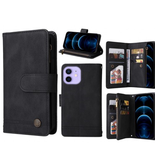 Iphone 12 Case 9 Card Slots Wallet Denim Leather Case - Black
