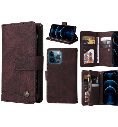 Iphone 12 Pro Case 9 Card Slots Wallet Denim Leather Case - Brown