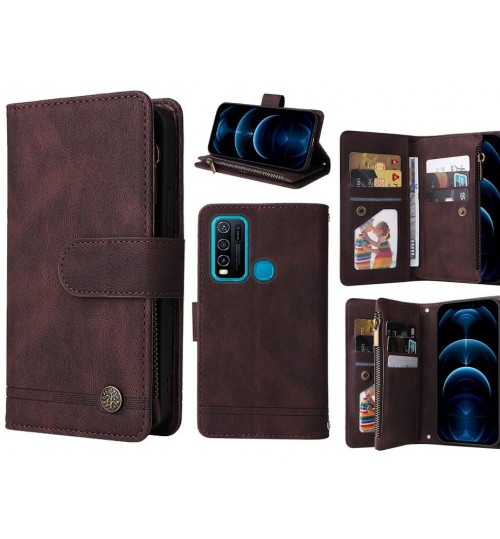 Vivo Y30 Case 9 Card Slots Wallet Denim Leather Case - Brown