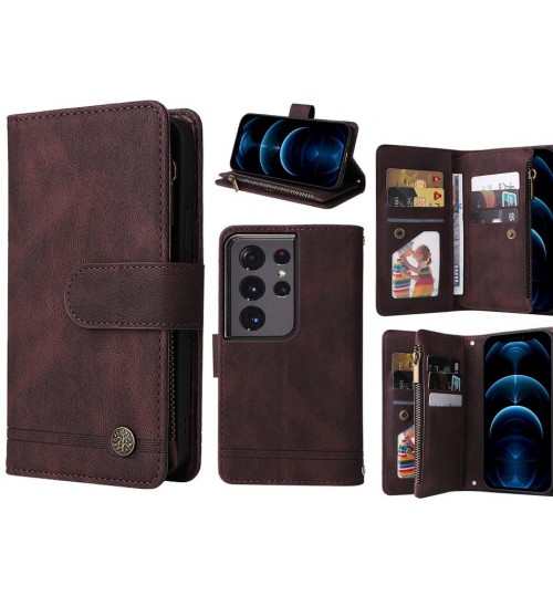 Galaxy S21 Ultra Case 9 Card Slots Wallet Denim Leather Case - Brown