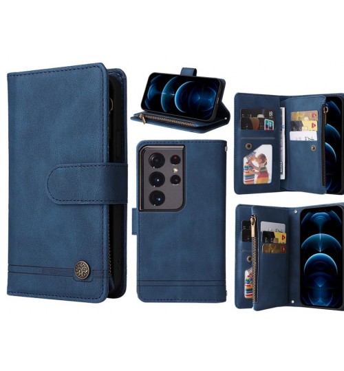 Galaxy S21 Ultra Case 9 Card Slots Wallet Denim Leather Case - Blue