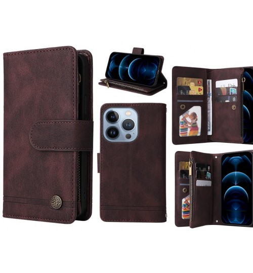 Iphone 13 Pro Case 9 Card Slots Wallet Denim Leather Case - Brown