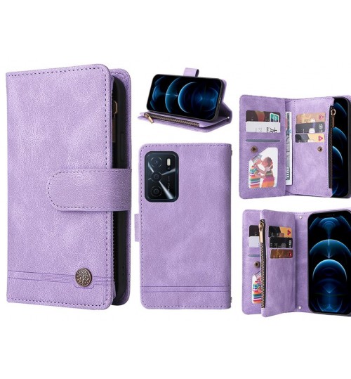 Oppo A16s Case 9 Card Slots Wallet Denim Leather Case - Purple
