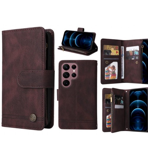 Samsung Galaxy S22 Ultra Case 9 Card Slots Wallet Denim Leather Case - Brown