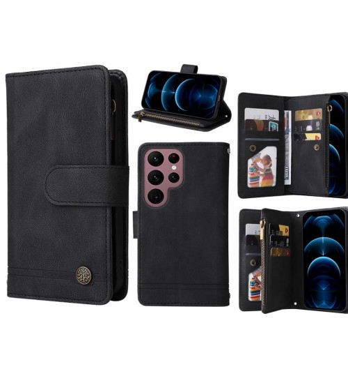 Samsung Galaxy S22 Ultra Case 9 Card Slots Wallet Denim Leather Case - Black