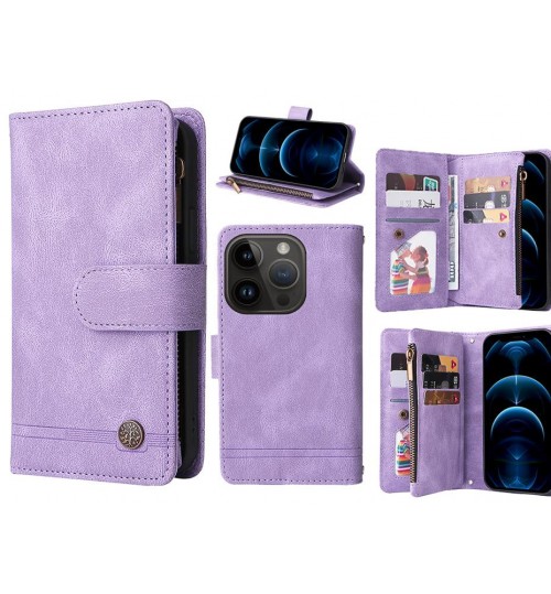 Iphone 14 Pro Case 9 Card Slots Wallet Denim Leather Case - Purple