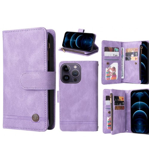 Iphone 14 Pro Max Case 9 Card Slots Wallet Denim Leather Case - Purple