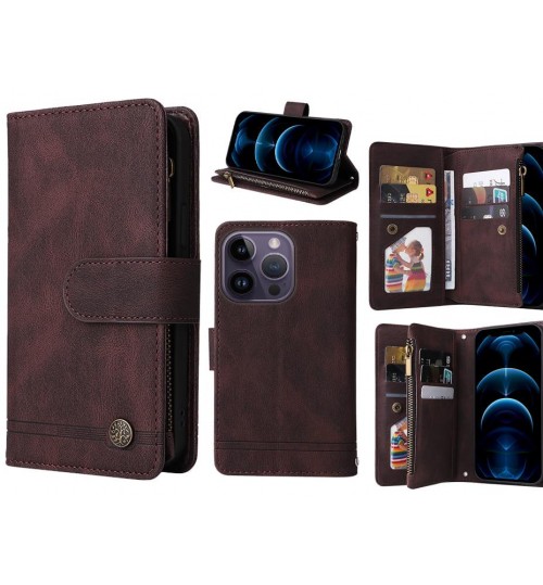 Iphone 14 Pro Max Case 9 Card Slots Wallet Denim Leather Case - Brown