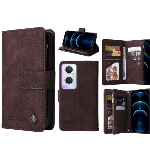 Oppo A96 Case 9 Card Slots Wallet Denim Leather Case - Brown