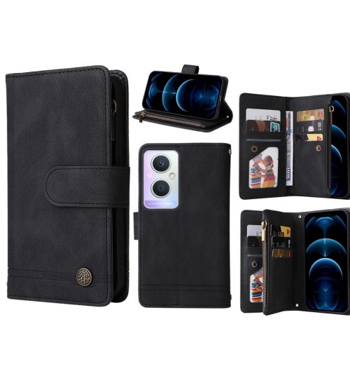Oppo A96 Case 9 Card Slots Wallet Denim Leather Case - Black