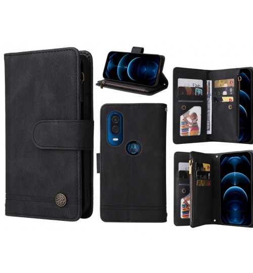 Motorola One Vision Case 9 Card Slots Wallet Denim Leather Case - Black