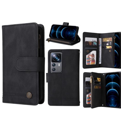 Xiaomi 12t Pro Case 9 Card Slots Wallet Denim Leather Case - Black