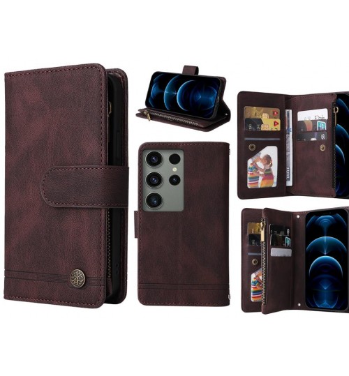 Samsung Galaxy S23 Ultra Case 9 Card Slots Wallet Denim Leather Case - Brown