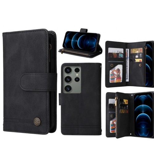 Samsung Galaxy S23 Ultra Case 9 Card Slots Wallet Denim Leather Case - Black