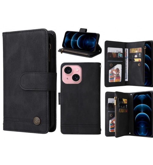 Iphone 15 Case 9 Card Slots Wallet Denim Leather Case - Black