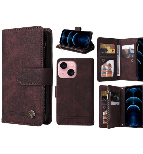 Iphone 15 Plus Case 9 Card Slots Wallet Denim Leather Case - Brown