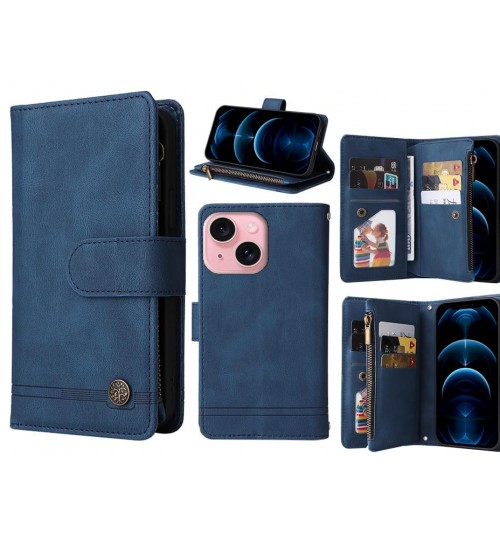 Iphone 15 Plus Case 9 Card Slots Wallet Denim Leather Case - Blue