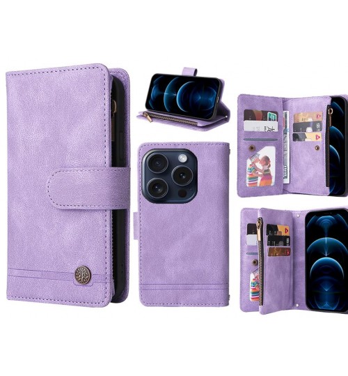 Iphone 15 Pro Case 9 Card Slots Wallet Denim Leather Case - Purple