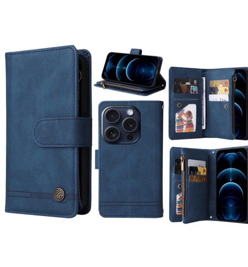 Iphone 15 Pro Case 9 Card Slots Wallet Denim Leather Case - Blue
