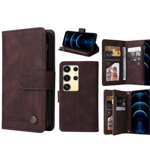Samsung Galaxy S24 Ultra Case 9 Card Slots Wallet Denim Leather Case - Brown