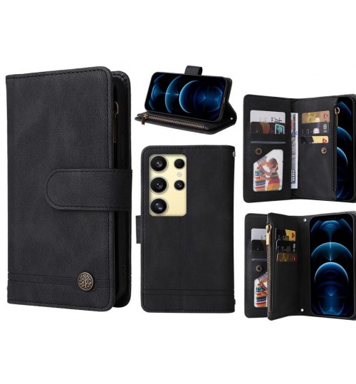 Samsung Galaxy S24 Ultra Case 9 Card Slots Wallet Denim Leather Case - Black
