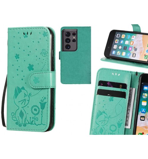 Galaxy S21 Ultra Case Embossed Wallet Leather Case - Green