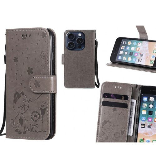 Iphone 15 Pro Case Embossed Wallet Leather Case - Grey