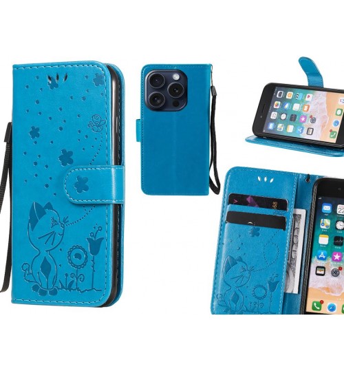 Iphone 15 Pro Case Embossed Wallet Leather Case - Blue