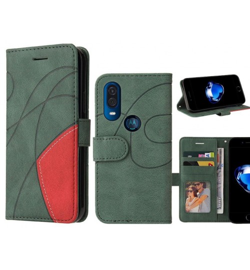 Motorola One Vision Case Wallet Premium Denim Leather Cover - Green