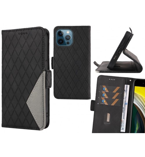 Iphone 12 Pro Case Grid Wallet Leather Case - Black