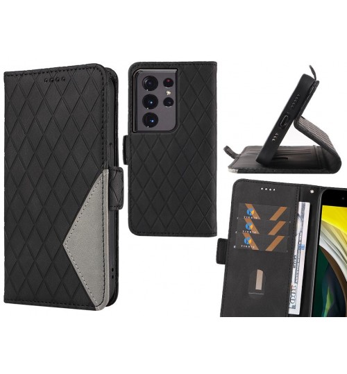 Galaxy S21 Ultra Case Grid Wallet Leather Case - Black