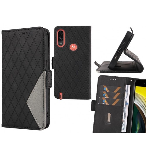 Moto E7 Power Case Grid Wallet Leather Case - Black
