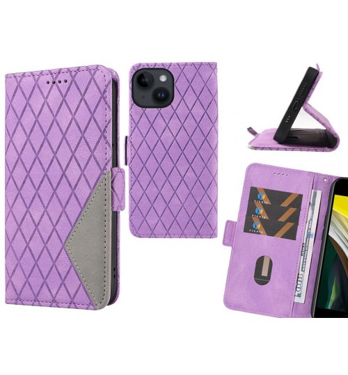 Iphone 14 Case Grid Wallet Leather Case - Purple