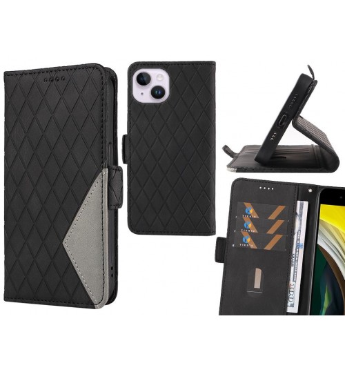 Iphone 14 Plus Case Grid Wallet Leather Case - Black