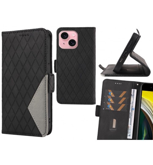 Iphone 15 Case Grid Wallet Leather Case - Black