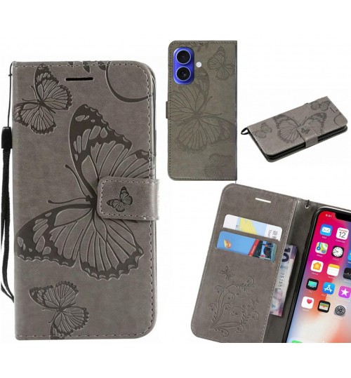 Iphone 16 Case Embossed Butterfly Wallet Leather Case - Grey