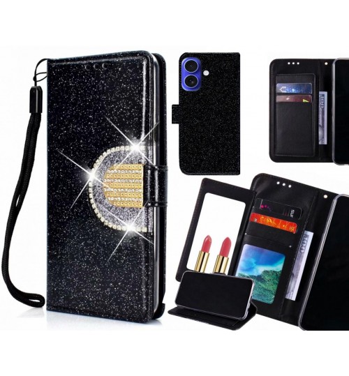 Iphone 16 Plus Case Glaring Wallet Leather Case With Mirror - Black