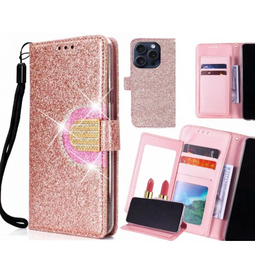 Iphone 16 Pro Case Glaring Wallet Leather Case With Mirror - Pink