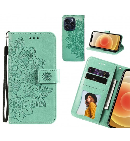 Iphone 16 Pro Max Case Embossed Floral Leather Wallet Case - Green