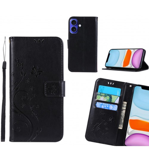 Iphone 16 Case Embossed Butterfly Wallet Leather Cover - Black