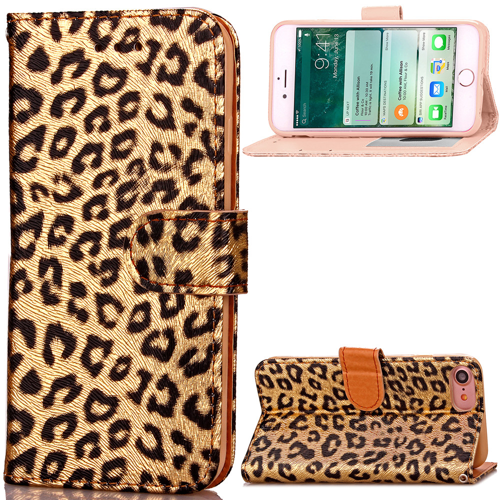 iPhone 7 case wallet Leopard style ID card full cash cover case