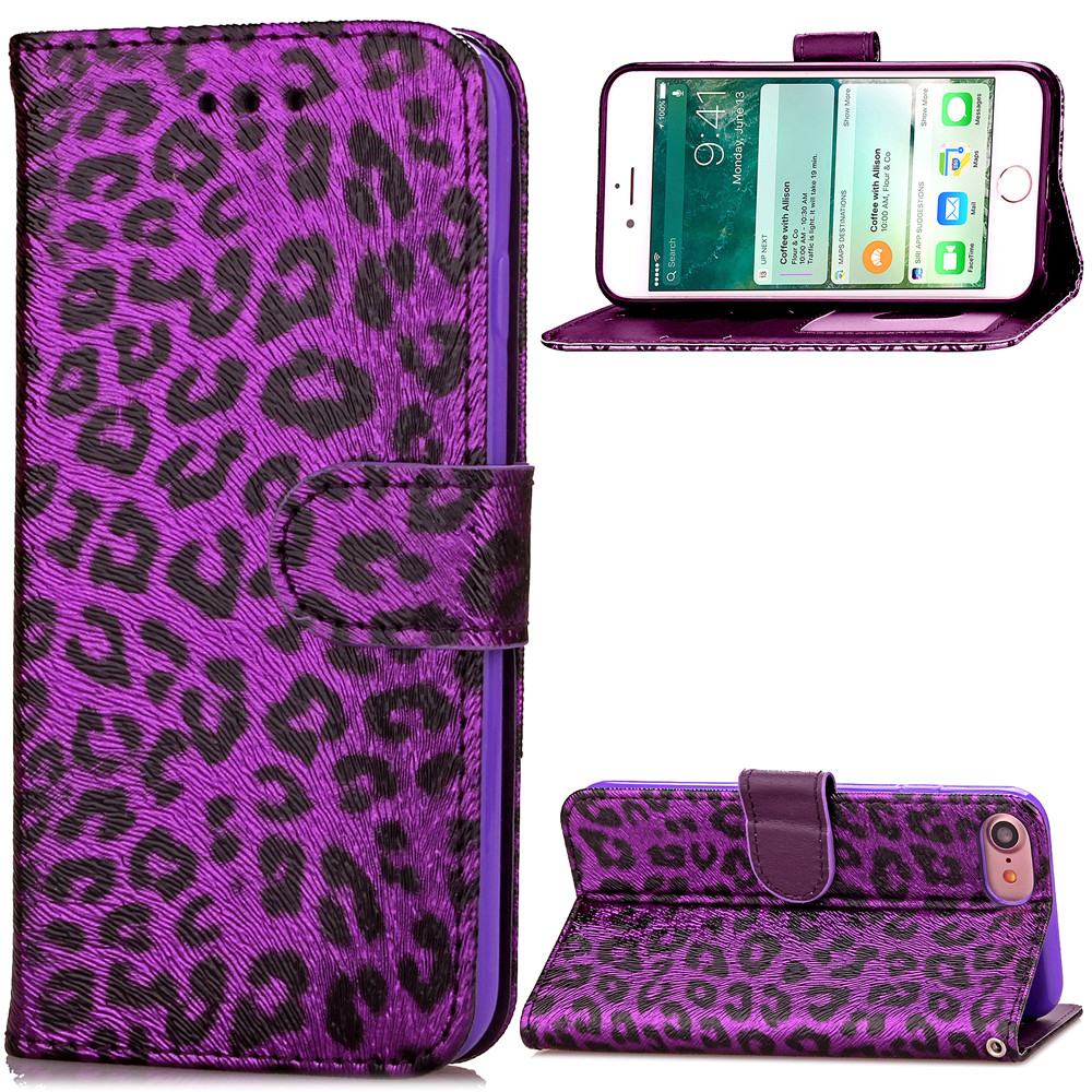 iPhone 7 case wallet Leopard style ID card full cash cover case